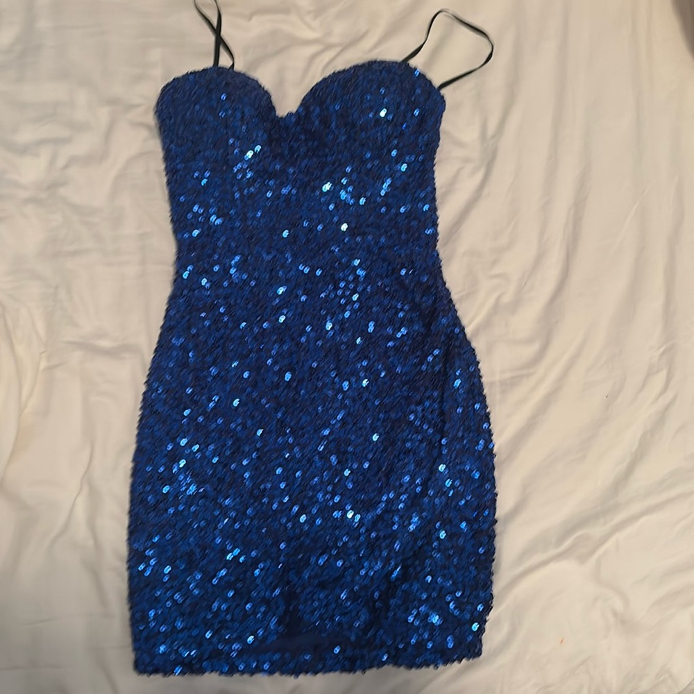 B Darlin Blue Sequin Strapless Dress